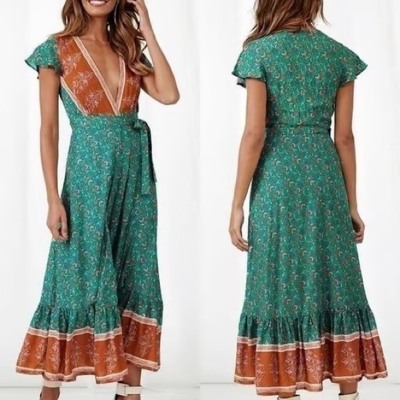 NWT BohoDeep V Neck Short Sleeves Maxi wrap Dress - Picture 10 of 10